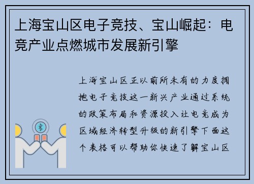 上海宝山区电子竞技、宝山崛起：电竞产业点燃城市发展新引擎